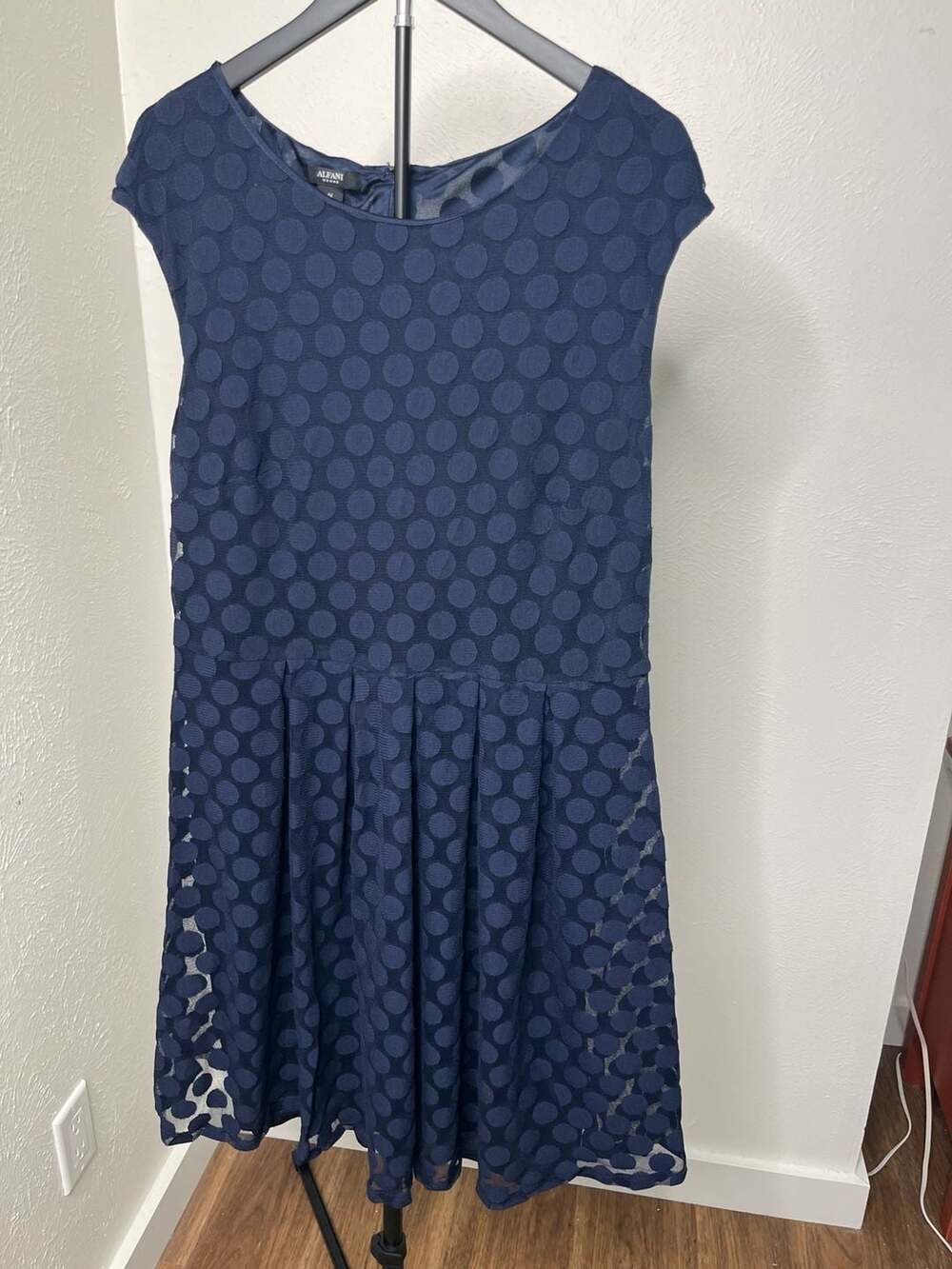Navy Blue Polka Dot Mesh Fit & Flare Dress Retro Feminine Party Cocktail Midi